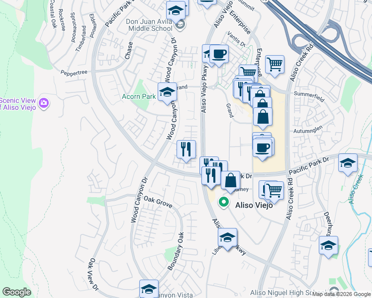 map of restaurants, bars, coffee shops, grocery stores, and more near 37 Picket Lane in Aliso Viejo
