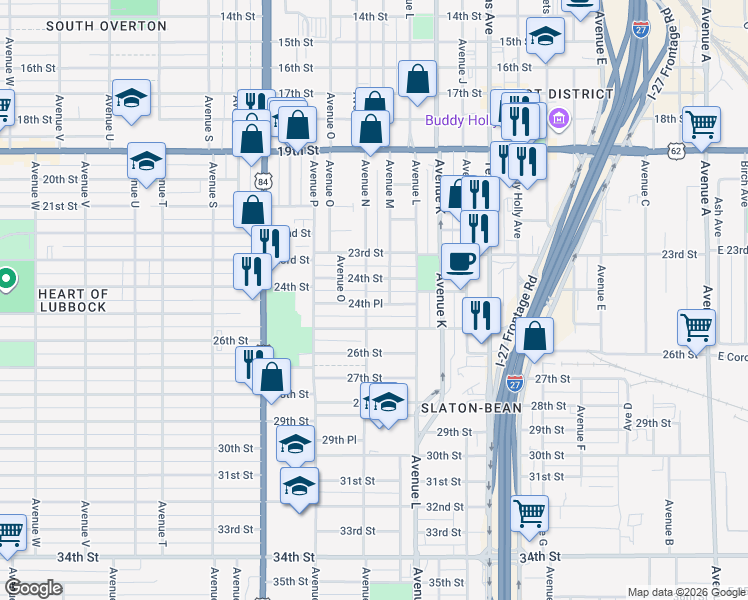 map of restaurants, bars, coffee shops, grocery stores, and more near 1401 24th Street in Lubbock