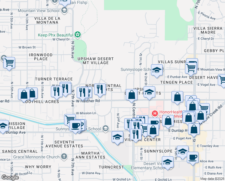 map of restaurants, bars, coffee shops, grocery stores, and more near 118 West Vogel Avenue in Phoenix