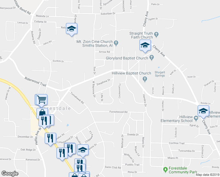 map of restaurants, bars, coffee shops, grocery stores, and more near 1563 East Bayonne Drive in Birmingham