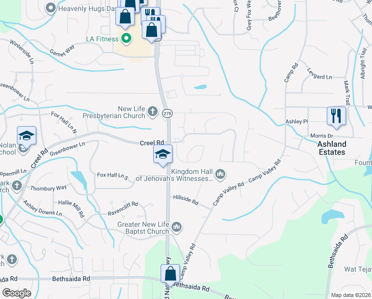 map of restaurants, bars, coffee shops, grocery stores, and more near 6807 Mancha St in Atlanta