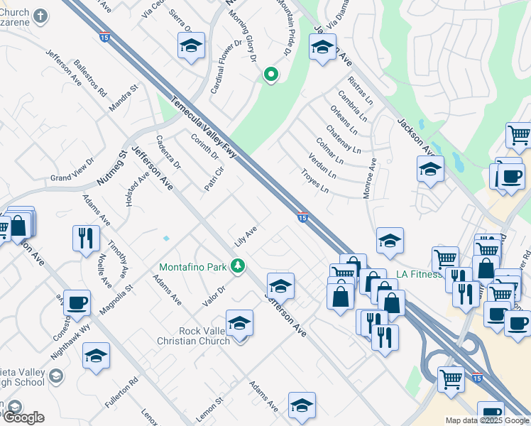 map of restaurants, bars, coffee shops, grocery stores, and more near 24095 Fuschia Court in Murrieta