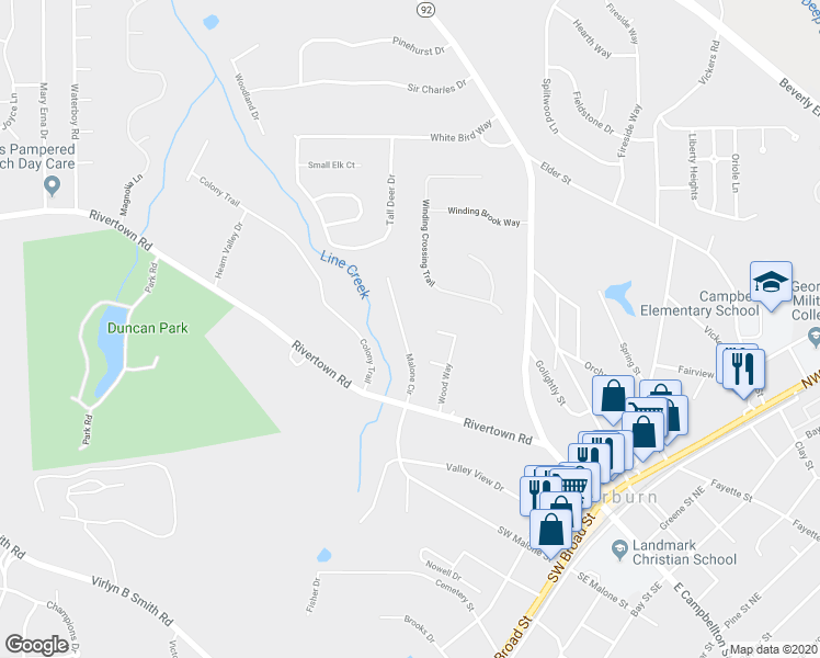 map of restaurants, bars, coffee shops, grocery stores, and more near 205 Malone Circle in Fairburn