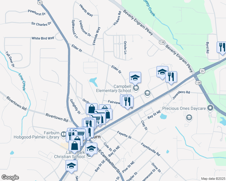 map of restaurants, bars, coffee shops, grocery stores, and more near 122 Vickery Drive in Fairburn