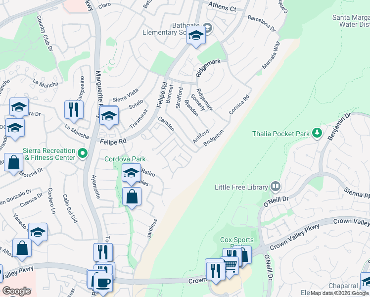 map of restaurants, bars, coffee shops, grocery stores, and more near 26878 Park Terrace Lane in Mission Viejo