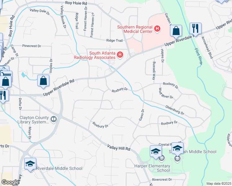 map of restaurants, bars, coffee shops, grocery stores, and more near 221 Roxbury Drive in Riverdale