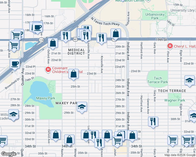 map of restaurants, bars, coffee shops, grocery stores, and more near 3519 23rd Street in Lubbock