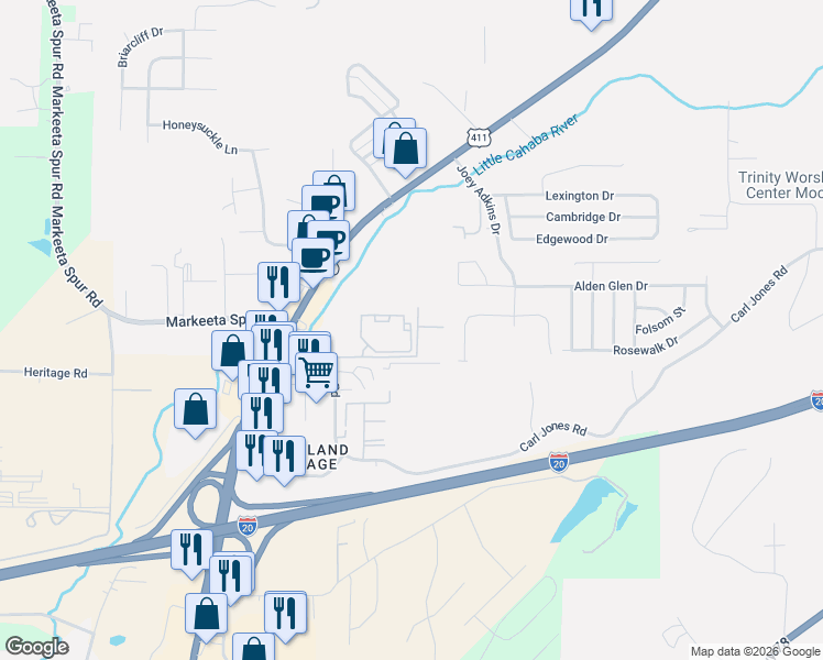 map of restaurants, bars, coffee shops, grocery stores, and more near 6210 Barrington Lane in Moody