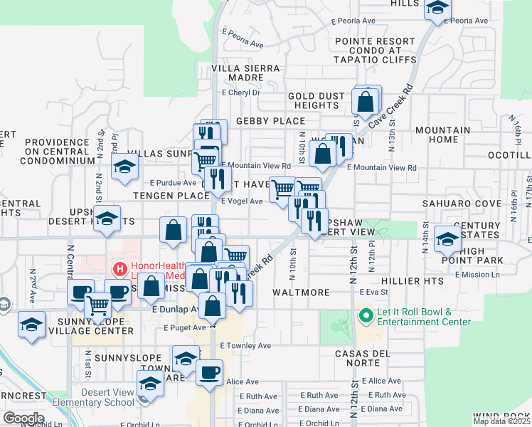 map of restaurants, bars, coffee shops, grocery stores, and more near 809 East Vogel Avenue in Phoenix