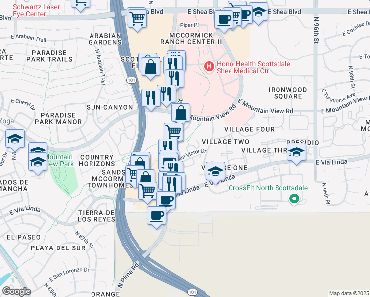 map of restaurants, bars, coffee shops, grocery stores, and more near 9000 East San Victor Drive in Scottsdale