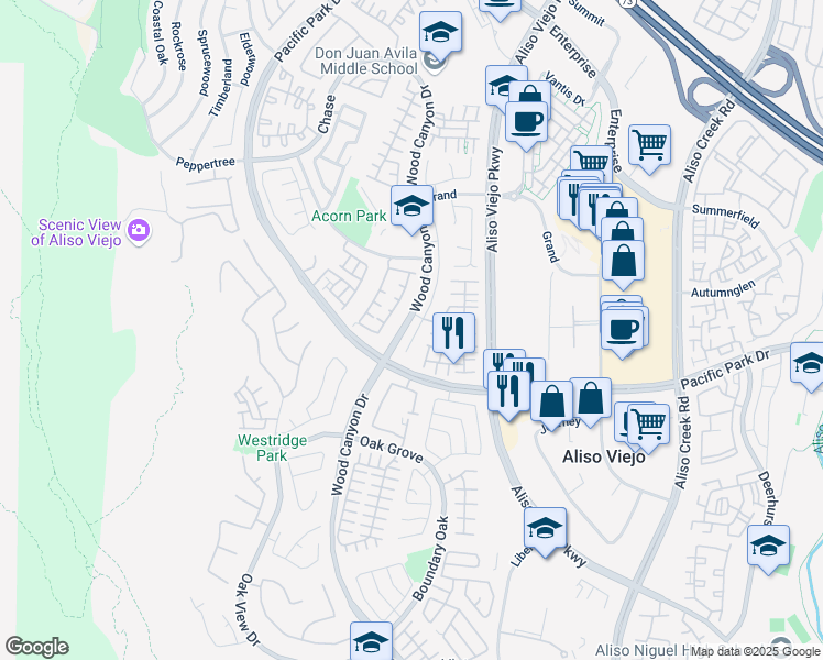 map of restaurants, bars, coffee shops, grocery stores, and more near 81 Plateau in Aliso Viejo