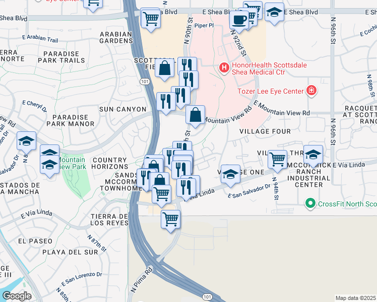 map of restaurants, bars, coffee shops, grocery stores, and more near 9621 North 90th Street in Scottsdale