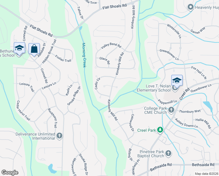 map of restaurants, bars, coffee shops, grocery stores, and more near 6705 Kimberly Mill Road in College Park