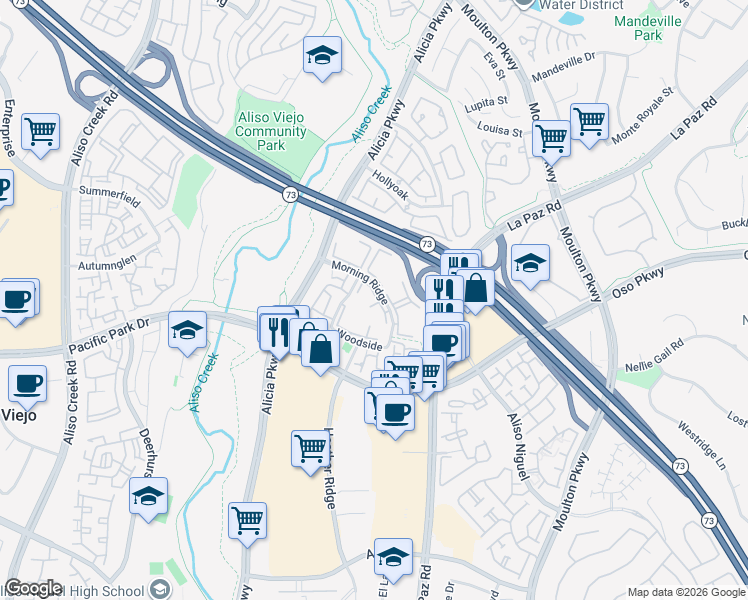 map of restaurants, bars, coffee shops, grocery stores, and more near 73 Briarwood Lane in Laguna Beach