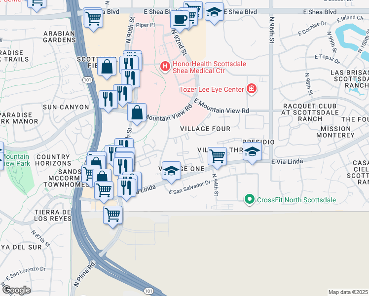 map of restaurants, bars, coffee shops, grocery stores, and more near 9115 East Purdue Avenue in Scottsdale