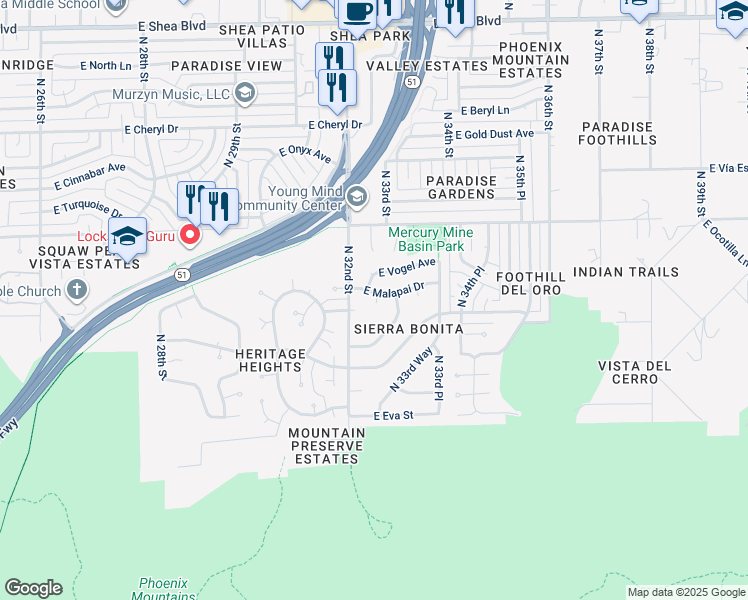 map of restaurants, bars, coffee shops, grocery stores, and more near in Phoenix