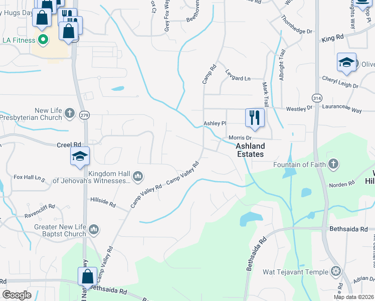 map of restaurants, bars, coffee shops, grocery stores, and more near 6725 Camp Road in Riverdale