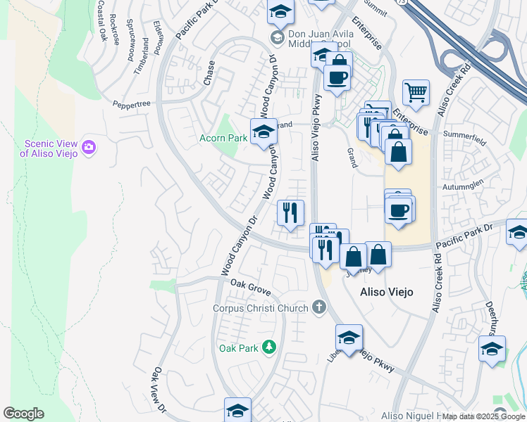 map of restaurants, bars, coffee shops, grocery stores, and more near 81 Plateau in Aliso Viejo