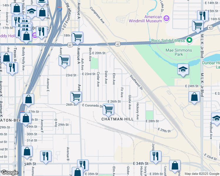 map of restaurants, bars, coffee shops, grocery stores, and more near 2401 Date Avenue in Lubbock