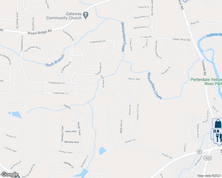 map of restaurants, bars, coffee shops, grocery stores, and more near 70 Havenwood Lane in Covington