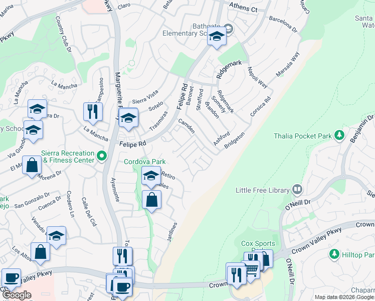 map of restaurants, bars, coffee shops, grocery stores, and more near 27415 Iris Avenue in Mission Viejo