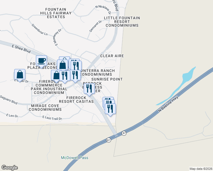 map of restaurants, bars, coffee shops, grocery stores, and more near 17144 East Kensington Place in Fountain Hills