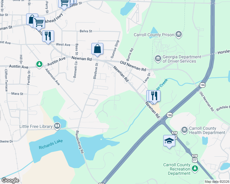 map of restaurants, bars, coffee shops, grocery stores, and more near Chaucer Lane in Carrollton