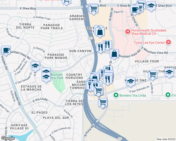 map of restaurants, bars, coffee shops, grocery stores, and more near 8787 East Mountain View Road in Scottsdale