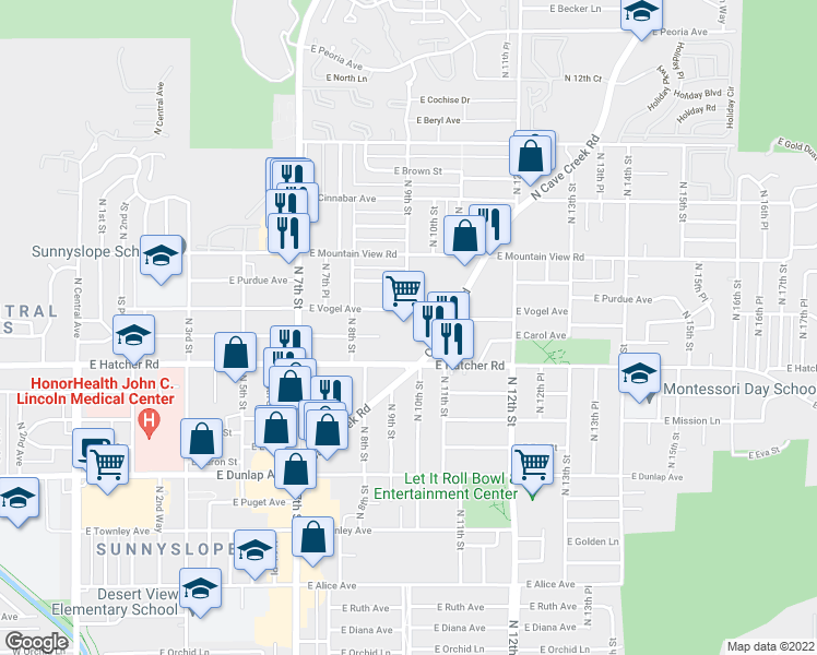 map of restaurants, bars, coffee shops, grocery stores, and more near 850 East Hatcher Road in Phoenix