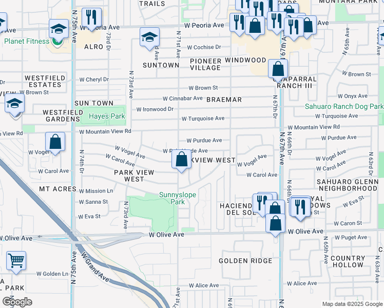 map of restaurants, bars, coffee shops, grocery stores, and more near 7034 West Palo Verde Avenue in Peoria