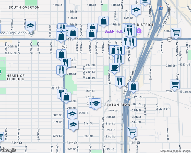 map of restaurants, bars, coffee shops, grocery stores, and more near 1401 24th Street in Lubbock