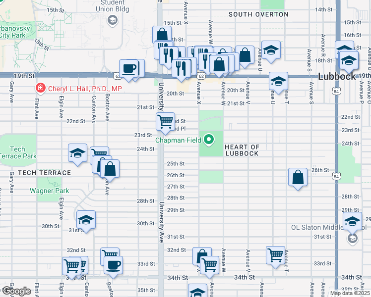map of restaurants, bars, coffee shops, grocery stores, and more near 2407 23rd Street in Lubbock