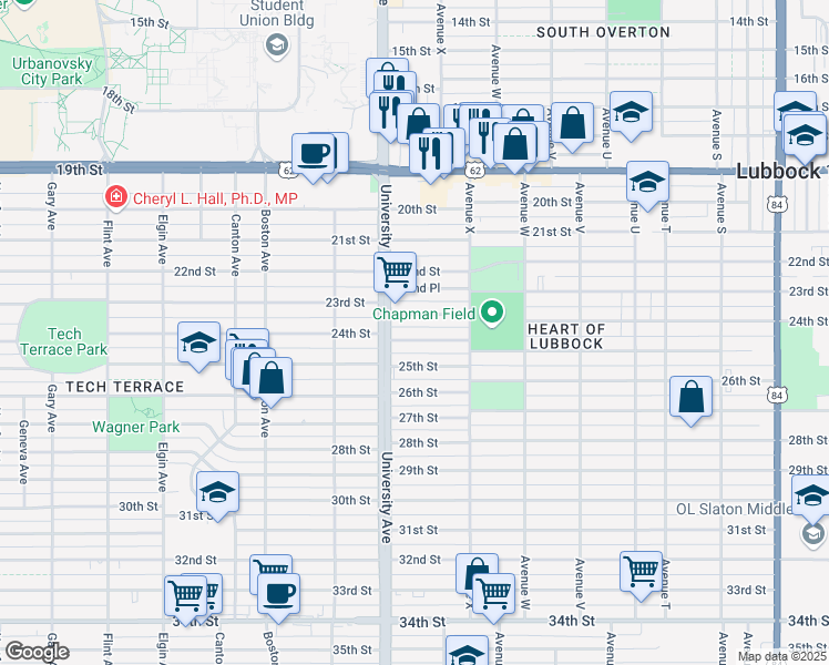 map of restaurants, bars, coffee shops, grocery stores, and more near 2427 23rd Street in Lubbock