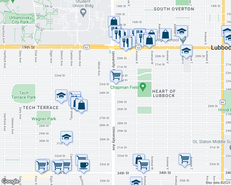 map of restaurants, bars, coffee shops, grocery stores, and more near 2427 23rd Street in Lubbock