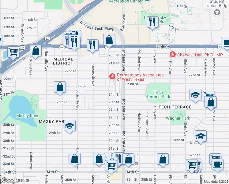 map of restaurants, bars, coffee shops, grocery stores, and more near 3413 23rd Street in Lubbock