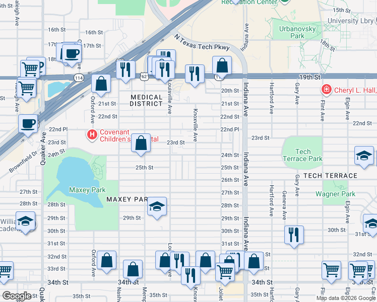 map of restaurants, bars, coffee shops, grocery stores, and more near 3519 23rd Street in Lubbock