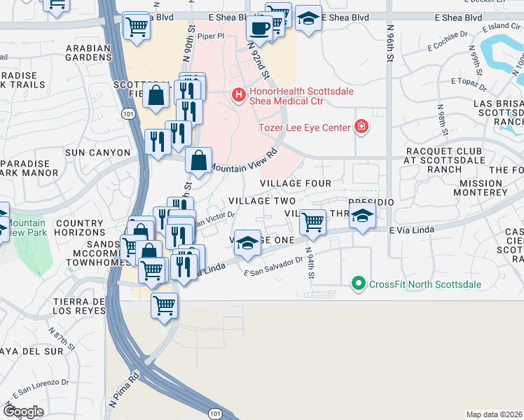 map of restaurants, bars, coffee shops, grocery stores, and more near 9115 East Purdue Avenue in Scottsdale