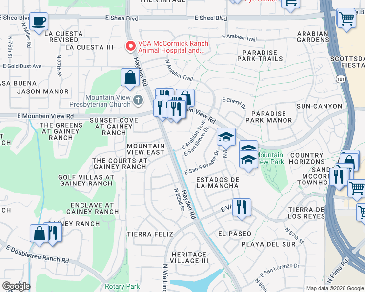 map of restaurants, bars, coffee shops, grocery stores, and more near 8250 Arabian Trail in Scottsdale