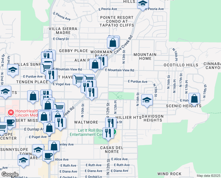map of restaurants, bars, coffee shops, grocery stores, and more near 1215 East Vogel Avenue in Phoenix