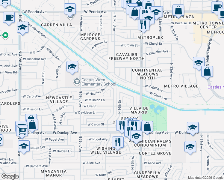 map of restaurants, bars, coffee shops, grocery stores, and more near 3708 West Purdue Avenue in Phoenix