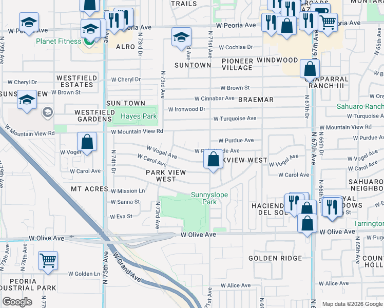 map of restaurants, bars, coffee shops, grocery stores, and more near 7222 West Palo Verde Avenue in Peoria