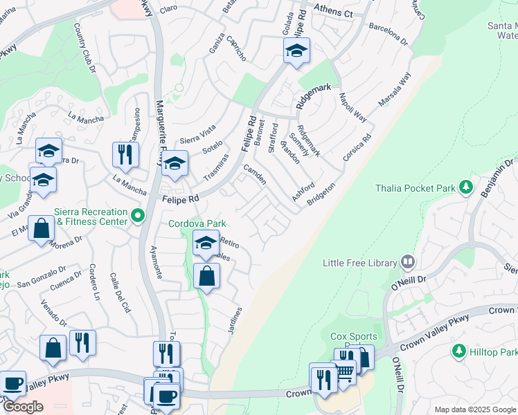 map of restaurants, bars, coffee shops, grocery stores, and more near 27415 Iris Avenue in Mission Viejo