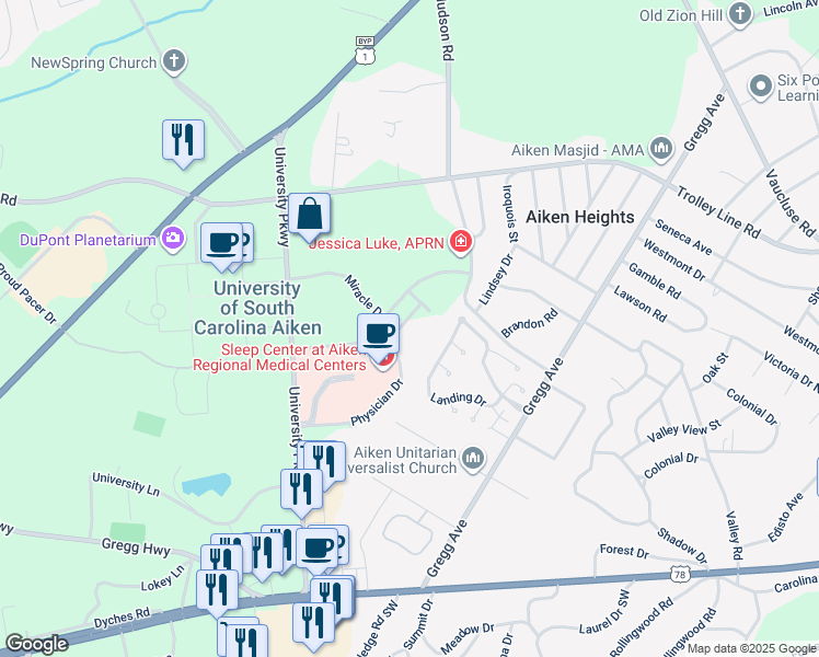 map of restaurants, bars, coffee shops, grocery stores, and more near 80 Physician Dr in Aiken