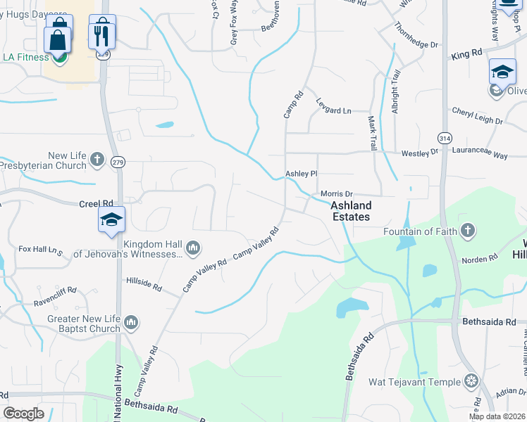 map of restaurants, bars, coffee shops, grocery stores, and more near 6725 Camp Road in Riverdale