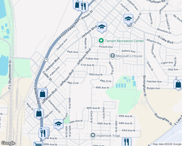 map of restaurants, bars, coffee shops, grocery stores, and more near 5009 41st Way North in Birmingham