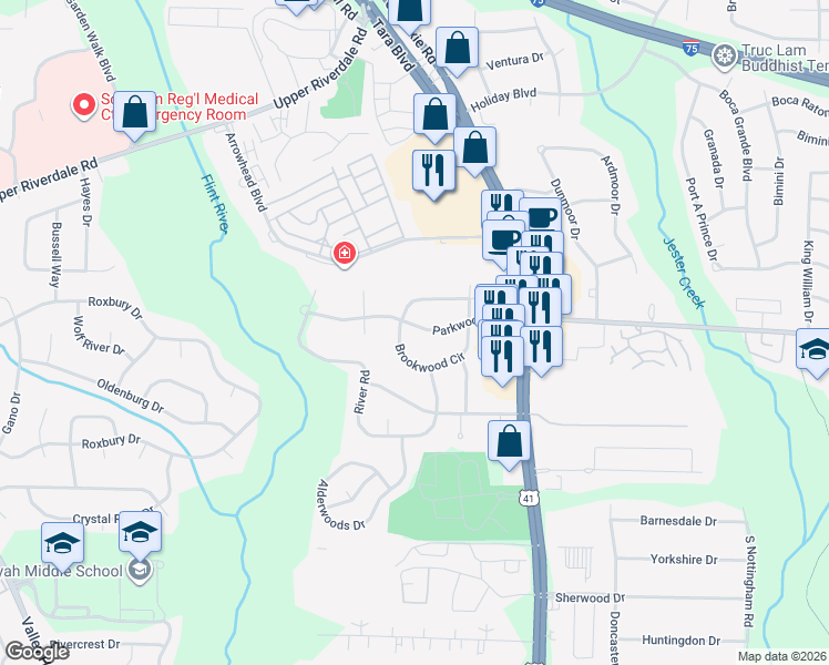 map of restaurants, bars, coffee shops, grocery stores, and more near 443 Parkwood Way in Jonesboro
