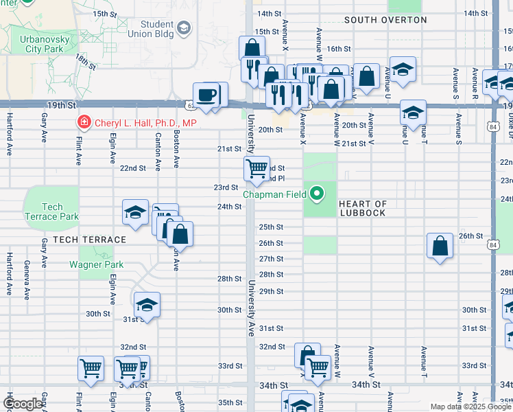 map of restaurants, bars, coffee shops, grocery stores, and more near 2436 24th Street in Lubbock