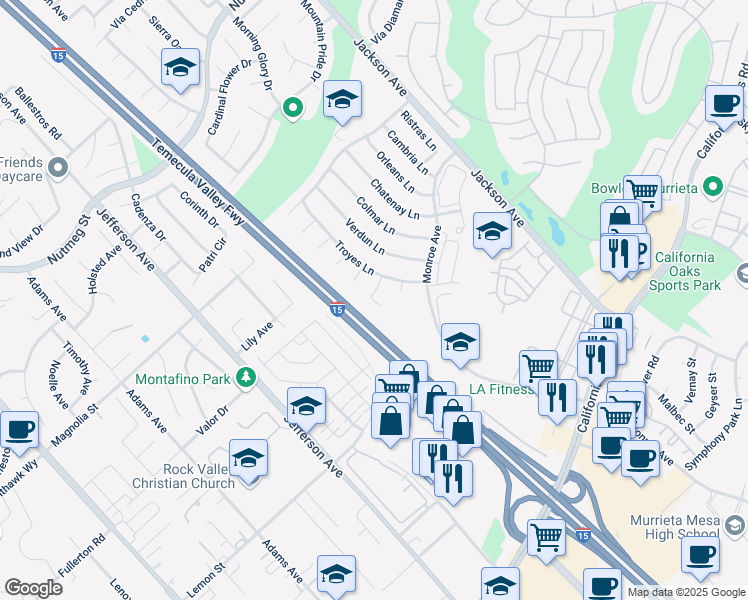 map of restaurants, bars, coffee shops, grocery stores, and more near 41181 Marseille Court in Murrieta