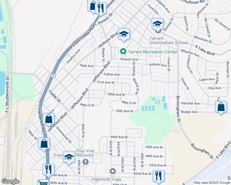 map of restaurants, bars, coffee shops, grocery stores, and more near 4224 50th Avenue North in Birmingham