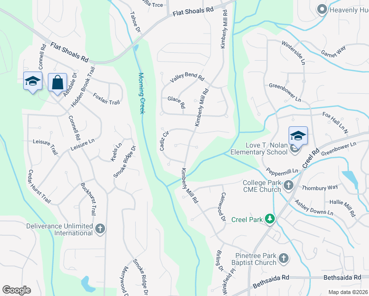 map of restaurants, bars, coffee shops, grocery stores, and more near 6715 Kimberly Mill Road in College Park
